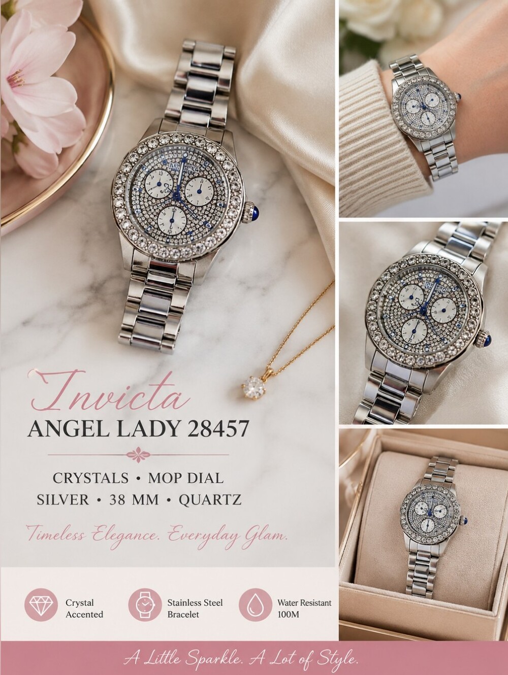 Invicta Angel Lady 28457 Crystal Accented Silver MOP Dial 38mm Stainless Steel